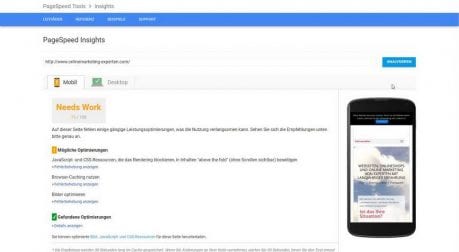 Google Pagespeed mobile vor Optimierung